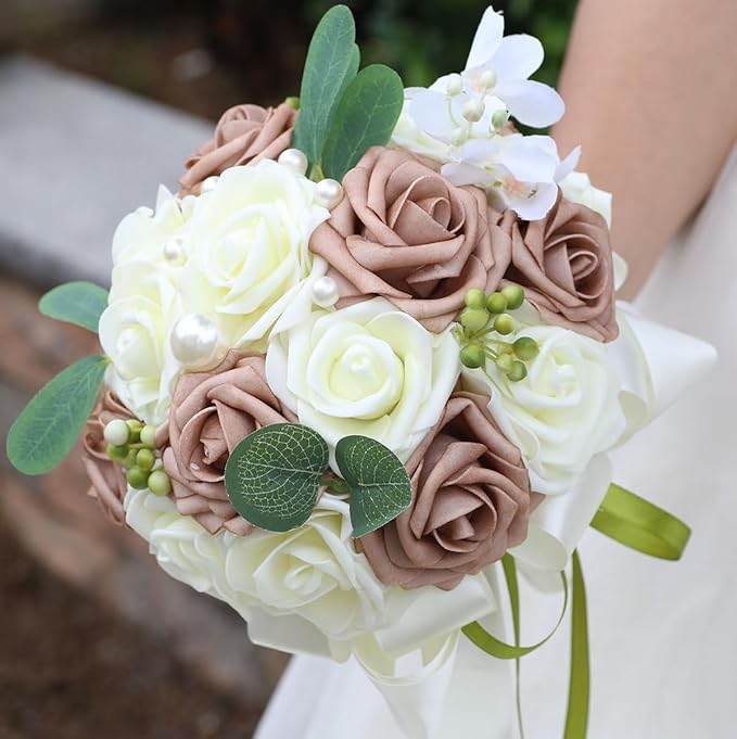 Lightweight Bridal Wedding Bouquet Round Holding Bouquet Throw Toss Artificial Rose Flower Bunch for Bride Bridesmaid Wedding Quinceanera (Cream & Rosy Brown, 6.7")