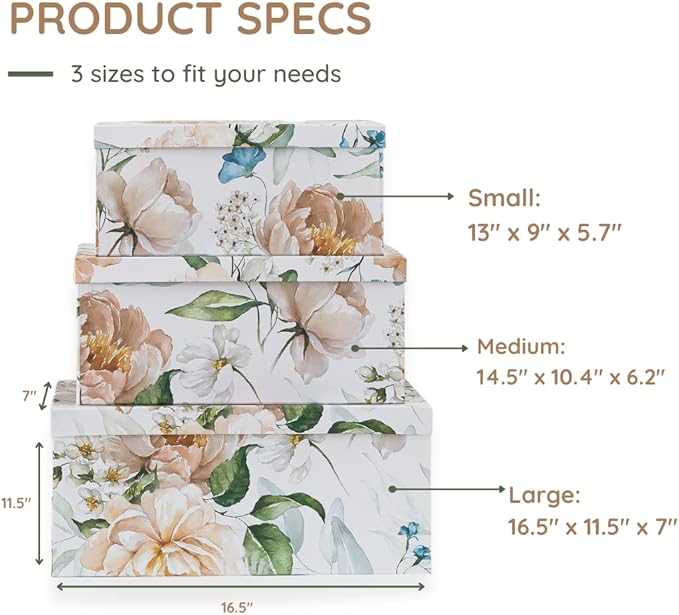 Soul & Lane Decorative Cardboard Storage Boxes with Lids for Home Decor and Organization, Set of 3 Large Keepsake Boxes for Memories & Gifts, Nesting Floral Photo Storage Containers, Floral Revival