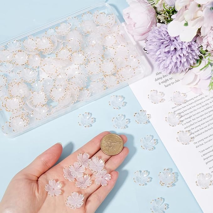 SUNNYCLUE 1 Box 200pcs White Flower Beads Acrylic Bead Caps Plastic Floral Sakuras 5-Petal Gold Plated Loose Spacer Bead for Jewelry Making Women Adult Bracelets DIY Wedding Crafts Accessories