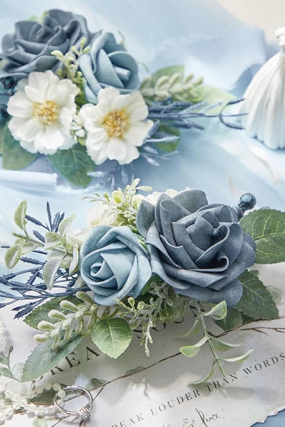 Serwalin 𝗦𝗲𝘁 𝗼𝗳 𝟮 Boutonniere for Men 𝟲-𝟳 𝗜𝗻𝗰𝗵 Corsage with Pins,Groom and Best Man Boutonnieres for Wedding Prom Ceremony Anniversary and Party Cake Topper(Dusty Blue)