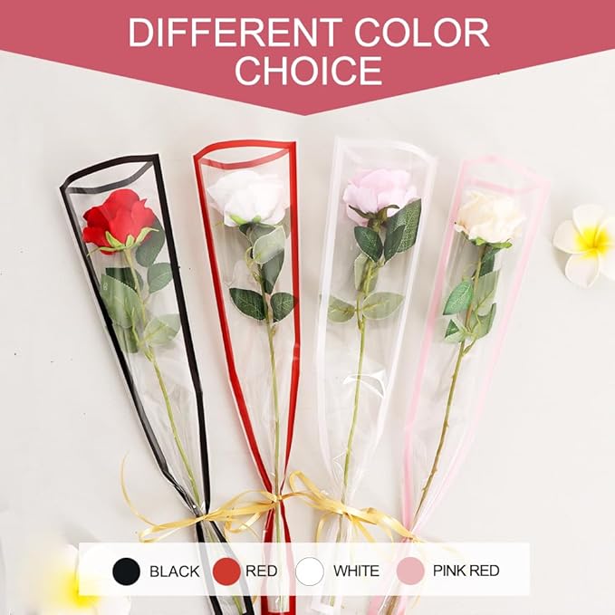 BEISHIDA 100 PCS Single Rose Sleeve Single Flower Wrapping Bags Single Rose Packaging Cellophane Flower Sleeves for Florist Bouquet Supplies, Mother's Day, Valentine's Day,Wedding Gift(White Edge)