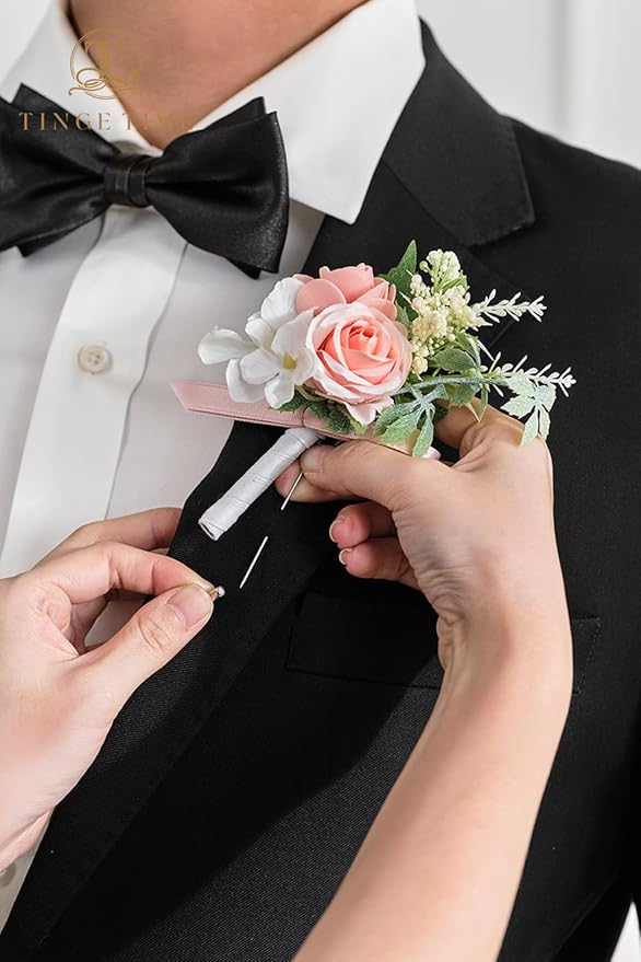 TINGE TIME Boutonniere for Men Wedding,Groom and Best Man Boutonniere for Wedding Ceremony Anniversary, Formal Dinner Party and Rustic Spring Wedding Marriage (10, PeachPink&White)