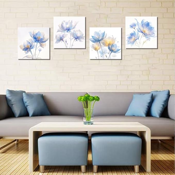 Pankila Blue Flickering Flower Abstract Canvas Wall Art Floral Poster Modern Flowers Pictures Wall Decor for Living Room Bedroom Bathroom Home Decorations Framed Artwork (16''W x 16''H x 4)