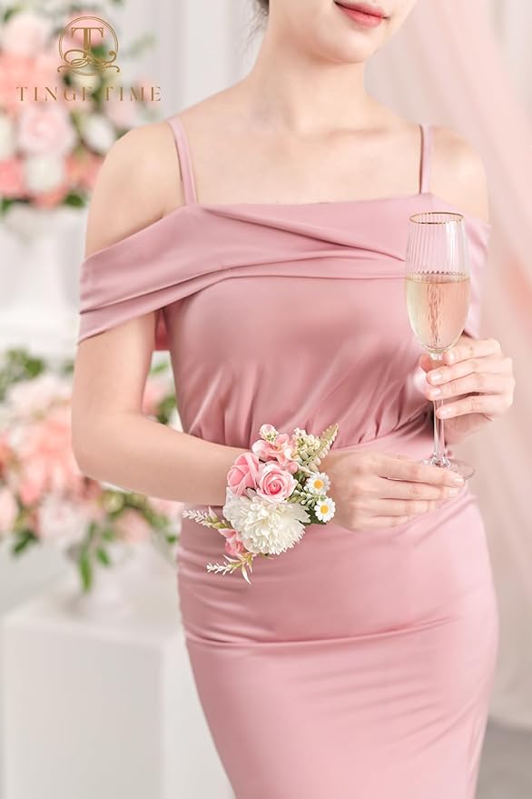 TINGE TIME Set of 2 Peach Pink Wrist Corsage Bracelets Pearl Wristlet Band Bridesmaid Bracelet for Wedding Ceremony Bridal Shower Wedding Artificial Flower Prom (Peach Pink)