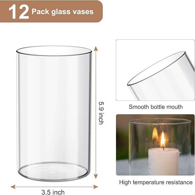Devilfire 12Pcs Glass Cylinder vases for Centerpieces, 6 Inches Tall Flower Vases Wedding Decorations,Bulk Cylinder Flower& Plant Vases,Hurricane Candle Holder for Table Shelf, Party.