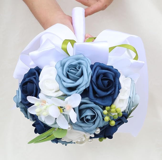 Lightweight Bridal Wedding Bouquet Round Holding Bouquet Throw Toss Artificial Rose Flower Bunch for Bride Bridesmaid Wedding Quinceanera (White & Shades of Blue, 9.1")