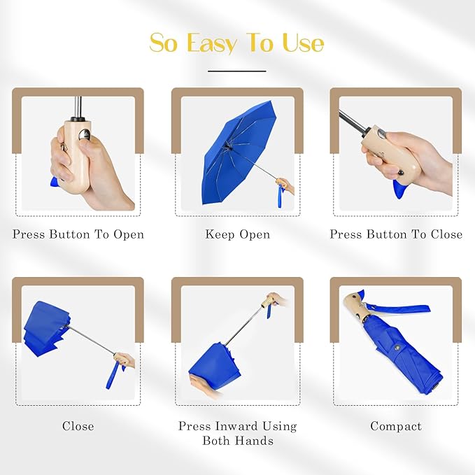 Cute Duck Umbrella Automatic - Compact Pretty Pocket Size Strong Duck Collapsible Umbrella Yellow Wooden Handle for Women