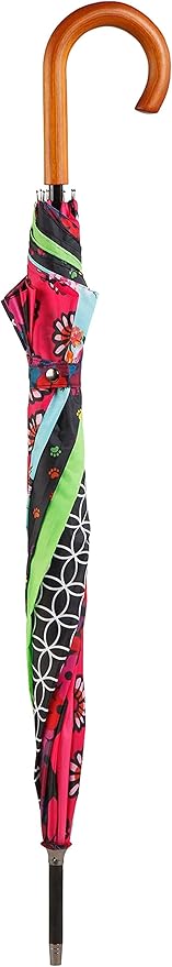 Totes Eco Auto Open Umbrella Classic Wooden J Stick Handle with Easy Grip - Windproof, Rainproof and Durable Canopy Design – Versatile Travel, Perfect for Rainy Days