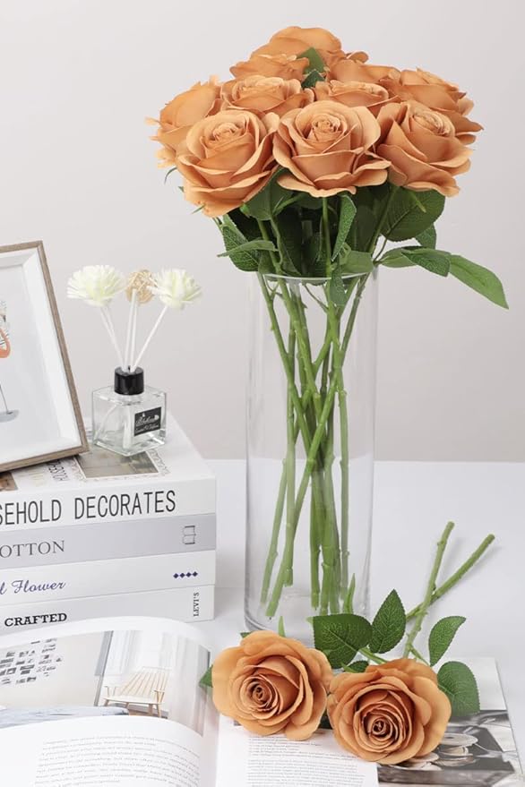 12pcs Roses Artificial Flowers Terracotta Fake Roses Flowers with Long Stems Silk Flowers for Wedding Bouquet Centerpices Decorations Party Bridal Baby Shower Home Decor