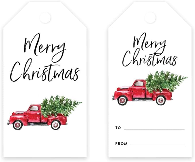 Andaz Press Holiday Season Classic Gift Tag, Merry Christmas to from Classic Favor Tags, Vintage Truck with Christmas Tree Design, Red Truck Gift Tags, Christmas Truck Gift Tags, 60-Pack
