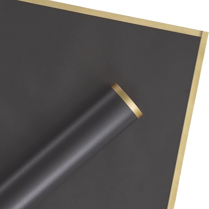 WRAPAHOLIC 20 Sheets Flower Wrapping Paper - 22.4 x 22.4 inch Gold Trim Dark Grey Water-Resistant Floral Bouquet Wrapping Paper, Florist Supplies Packaging Paper for Wedding Birthday Gift DIY