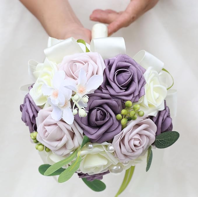 Lightweight Bridal Wedding Bouquet Round Holding Bouquet Throw Toss Artificial Rose Flower Bunch for Bride Bridesmaid Wedding Quinceanera (Cream, Deep Taro & Light Taro, 6.7")