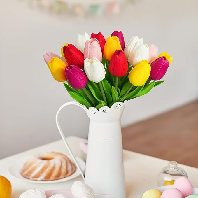 Real Touch Artificial Tulips, 20pcs Fake Tulip Flower Stem, PU Faux Tulip 13.5” for Mother's Day Easter Valentine's Gift, Home Decor, Wedding, Table Centerpiece, Floral Arrangement, Multicolor