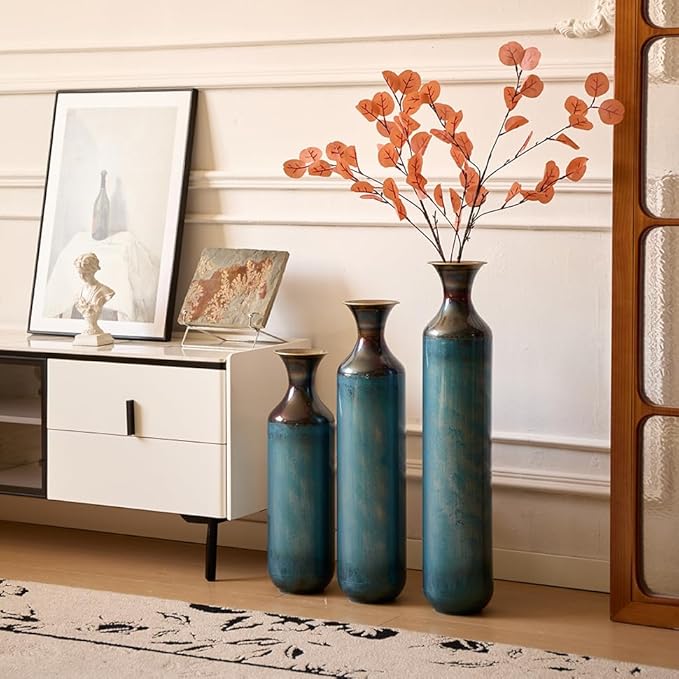 Floor Oversized Gold Metal Decorative Vase with 3D Triangle Pattern Set of 3 Large Vases for Home Living Room 33.5 ", 29.5 ", 25.2" High (Aqua Blue)