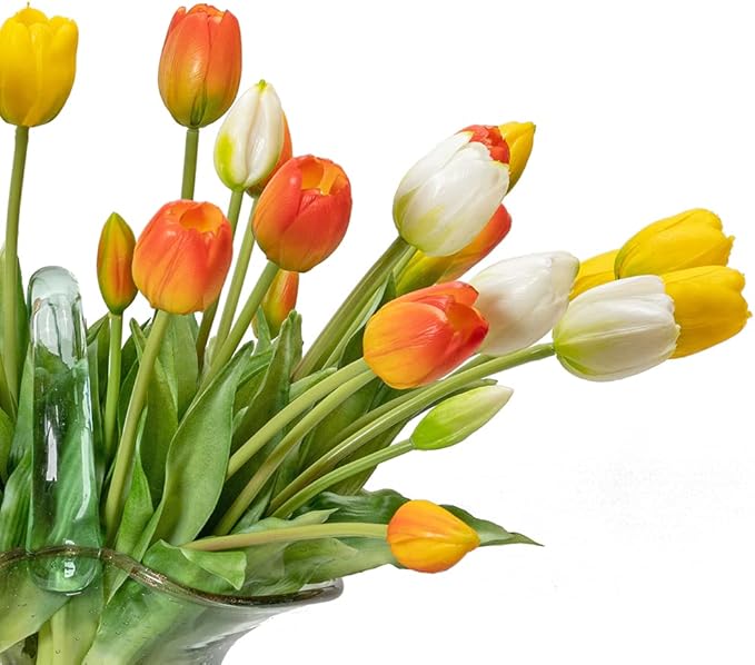 40pcs Artificial Tulips Flowers, Real Touch Latex Bouquet, Fake Tulips for Office Wedding Party Home Kitchen Garden Decoration(Orange Suit 40pcs)