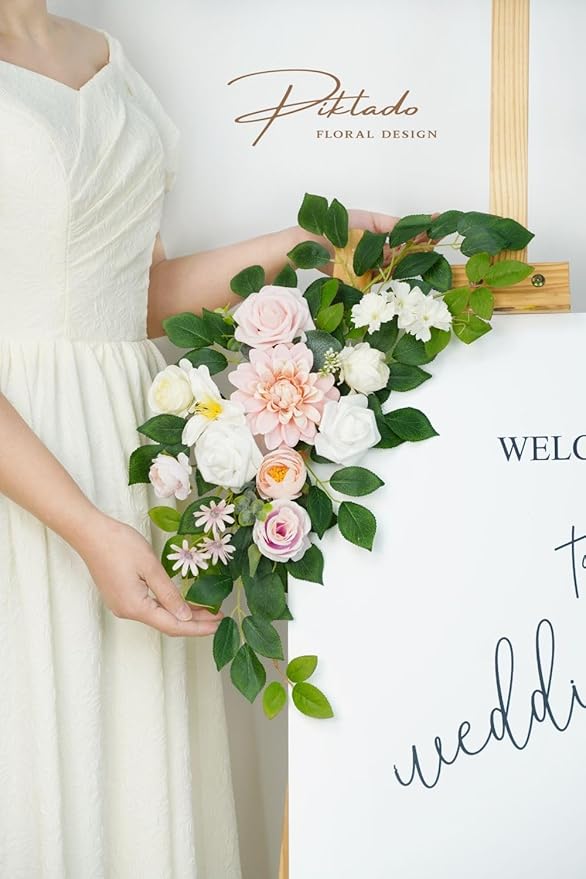 Wedding Decor (Pack of 2) Welcome Sign Flower Backdrop Garland for Ceremony Reception Wall Easel Home Decoration Entryway Faux Outdoor Board Head Table Decor (Blush)