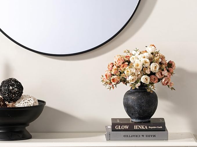 Ceramic Rustic Vase, 6 Inch Small Flower Farmhouse Vase Decorative Vase Short Pottery Vases for Home Decor Table Living Room Entryway Mantel Bookshelf Bedroom Bathroom Kitchen - Black