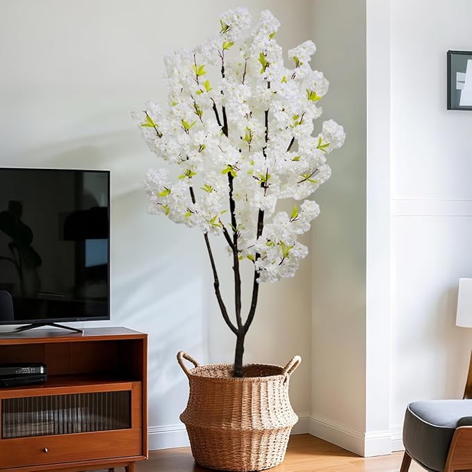 White Faux Cherry Blossom Tree Artificial Flower Tree Indoor Decor for Home Decor Gift
