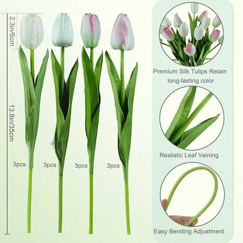 12pcs Tulips Artificial Flowers Real Touch Silk Faux Flowers Tulip Stems for Wedding Spring Bouquet Floral Arrangement Home Party Office Decorations (White & Pink)