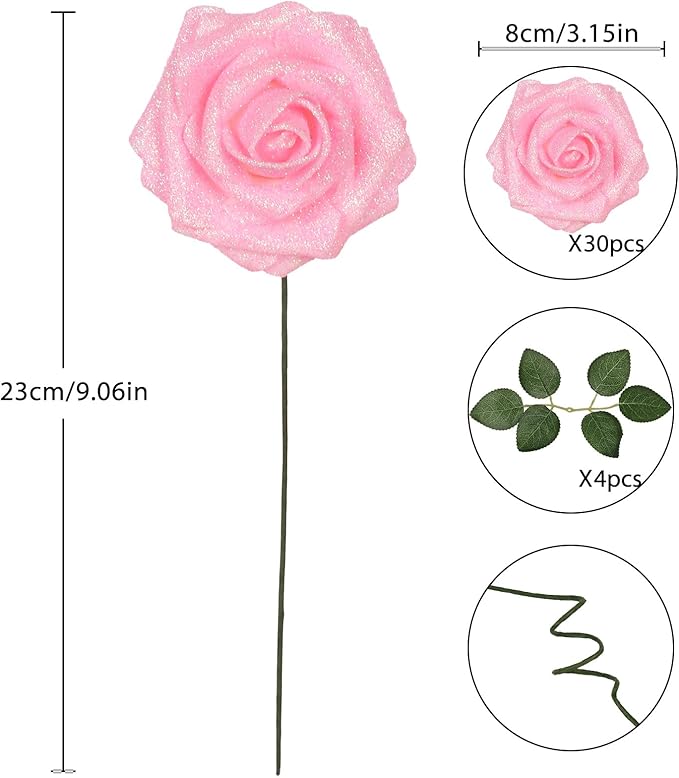 Glitter Roses 30PCS Pink Roses Artificial Flowers 3.15" Fake Roses with Stems for DIY Wreath Wedding Christmas Home Party Decor(Light Pink)