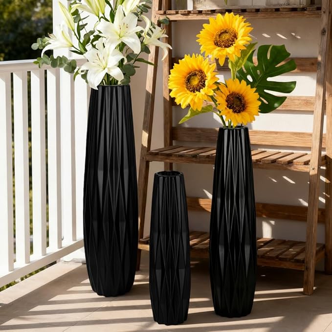 Tall Black Floor Vase – 28" Twisted Geometric Ceramic Vase for Modern Home, Living Room, Table Centerpiece or Corner Decoration