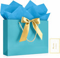 JMANNI 1PCS Large Gift Bag with Ribbon and 1 Greeting Card 2 Tissue Papers, Portable Paper Gift Bag with Handles, Birthday Gift Bags,Present Bags for Wedding Party,Mothers Day12.6" x 9.8" x 3.9"(Bule