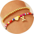 Ritach Christmas Gifts for Teens Girls Kids - 2PCS Colorful Heart Initial Bracelet Stackable Real Gold Plated Stretchable Beaded Bracelets for Teen Girls Kids Birthday Gifts Stocking Stuffers