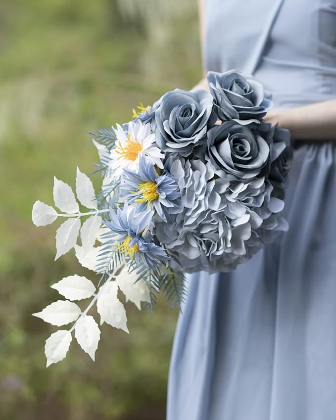 LFF 10pcs Silk Roses Artificial Flowers Fake Long Stem Roses for DIY Wedding Bouquet Home Decoration (Dusty Blue)