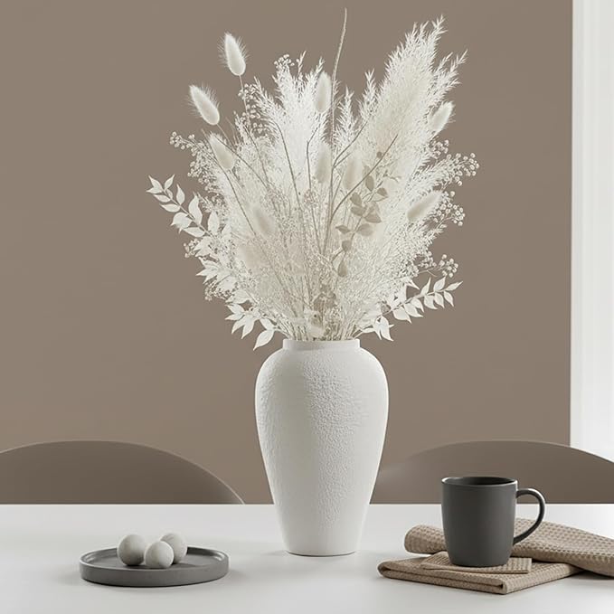 Vintage Ceramic Vase, Minimalist Texture Stone Patterned White Flower Vase, Decorative Vase for Living Room Shelf Farmhouse Dining Table Centerpiece Decor (White Texture 10.4'')