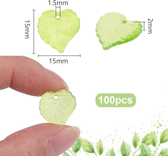 PH PandaHall 100pcs Green Flower Beads, Transparent Leaf Bead Charms, 15x15x2mm Frosted Leaves Pendants with 1.5mm Hole for DIY Earrings Pendants Bracelets Jewelry Making Spring Crafts Decor