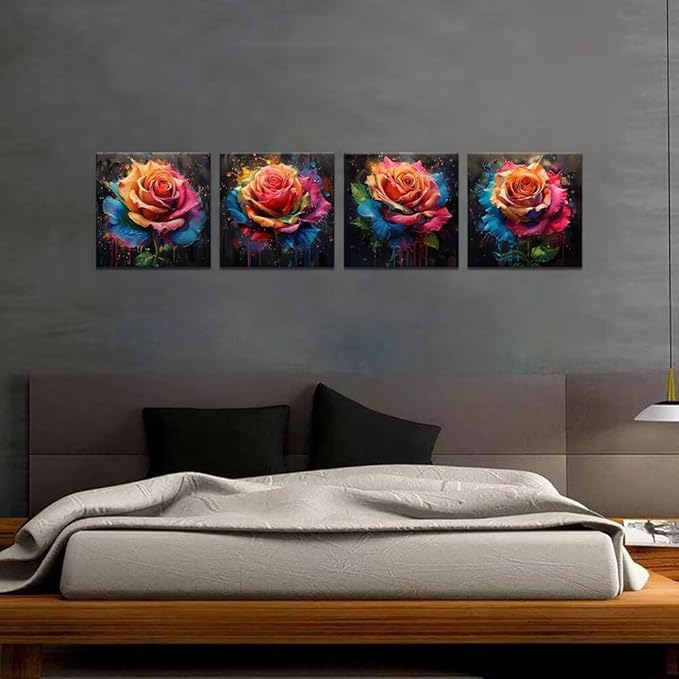 Pankila Colorful Rose Wall Art Floral Pictures Canvas Prints Abstract Rose Flower Wall Decor for Living Room Bedroom Bathroom Home Decorations Framed Artwork Ready to Hang (24''W x 24''H x 4)