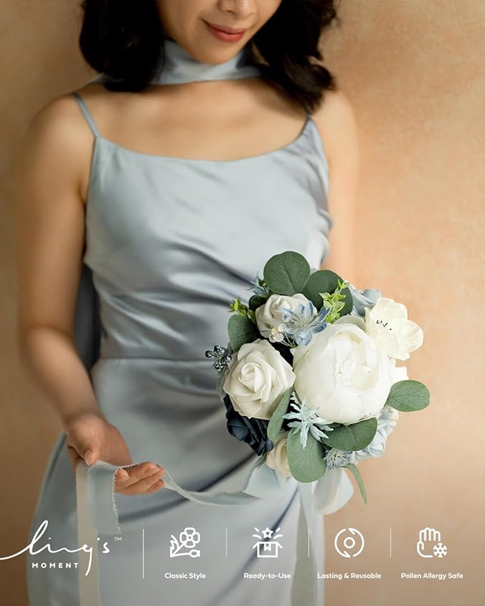 Ling's moment Artificial Flowers Dusty Blue Bridesmaid Bouquet Set of 4, Blue & White Wedding Flowers Bouquets for Bridesmaids, 7 Inch Bridal Bouquets for Bridesmaids