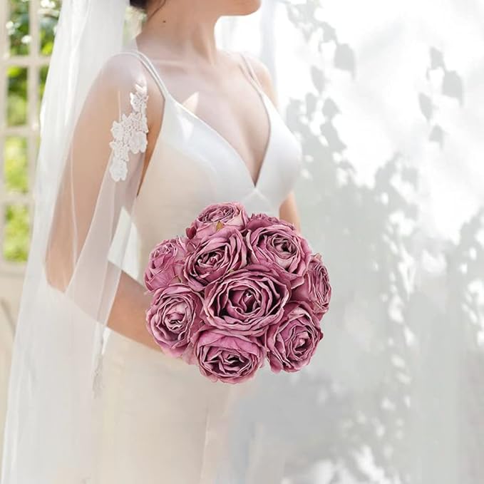 IPOPU Roses Heads Dried Silk Flowers 25PCS Fake Roses Heads for Floral Arrangements Roses Artificial Flowers for Silk Bouquet Bulk Wedding Flowers in Purple Bulk Silk Roses (Light Pink Purple Mixed)