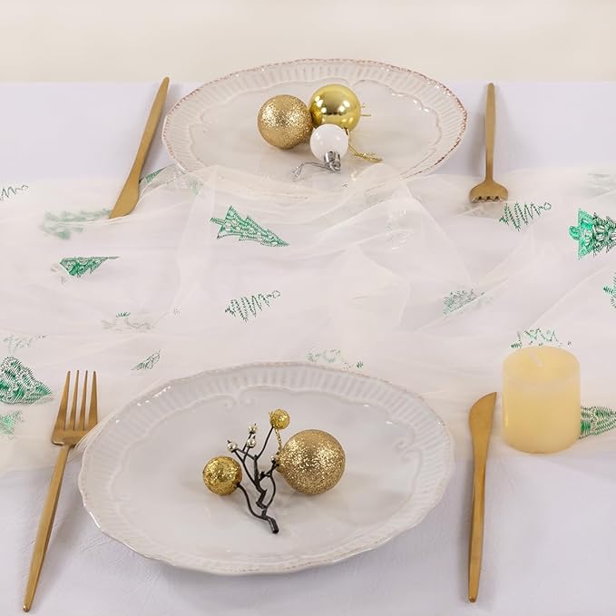Socomi Christmas Tree Table Runner Gold Gauze Sheer Chiffon Cheesecloth Sequin 10FT Glitter Metallic Foil Dining Wedding Birthday Party Winter Holiday Centerpiece Table Decor Beige