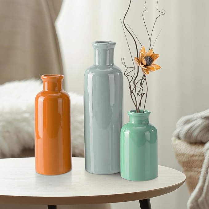 Small Ceramic Vase Set of 3, Boho Modern Flower Vase Room Decor, Farmhouse Decor, Vases for Your Kitchen, Bathroom, Bedroom, Living Room, Office&Shelf Centerpiece Table Decorations