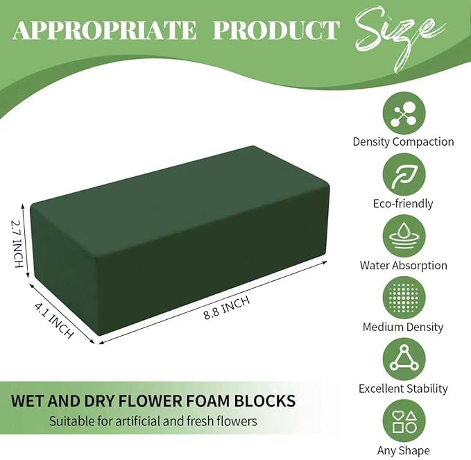 Aktor 8 Pcs Floral Foam Blocks for Fresh & Artificial Flower Arrangement, 8.8” x 4.1” x 2.7” Green Wet Foam for Wedding, Birthdays, Home, Office, and Garden Decorations