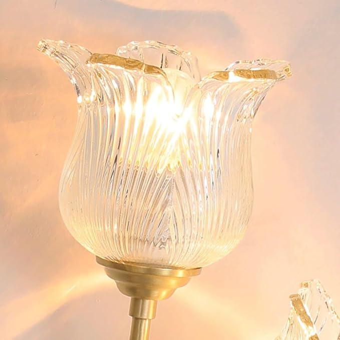 Elegant Double Head Wall Sconce, Vintage Brass Floral Design with Fluted Clear Glass Tulip Shades, Brushed Gold Accent Lamp for Living Room, Bedroom Bedside, Dining Room Decor