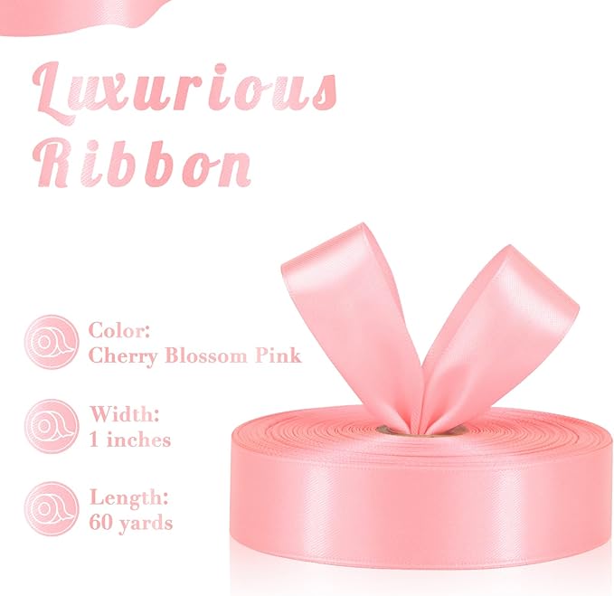 Cherry Blossom Pink Ribbon 1 Inch 60 Yards, Versatile Solid Satin Ribbon for Flower Bouquet, Graduation Lei, Crafts, Gift Wrapping, Baby Shower, DIY Bows and Wedding Decorations
