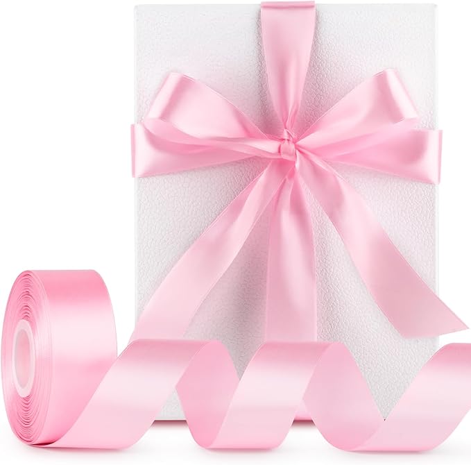 1-1/2 Inch Wide Pink Satin Ribbon, 50 Yards Solid Polyester Fabric Ribbon for Roses Making, Gift Wrapping, Christmas, Wedding Decorations, Crafts, Bows, Flower Bouquets