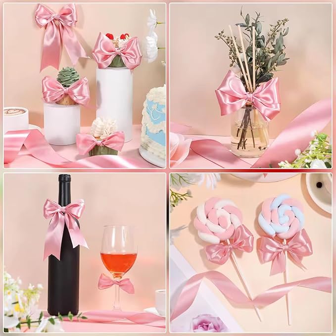 Pink Ribbon 1 1/2 inch 60 Yards Single Faced Pink Satin Christmas Ribbon for Lei Handmade Roses Bows Garden Vase Decor Crafts Flower Bouquet Wedding Decorations