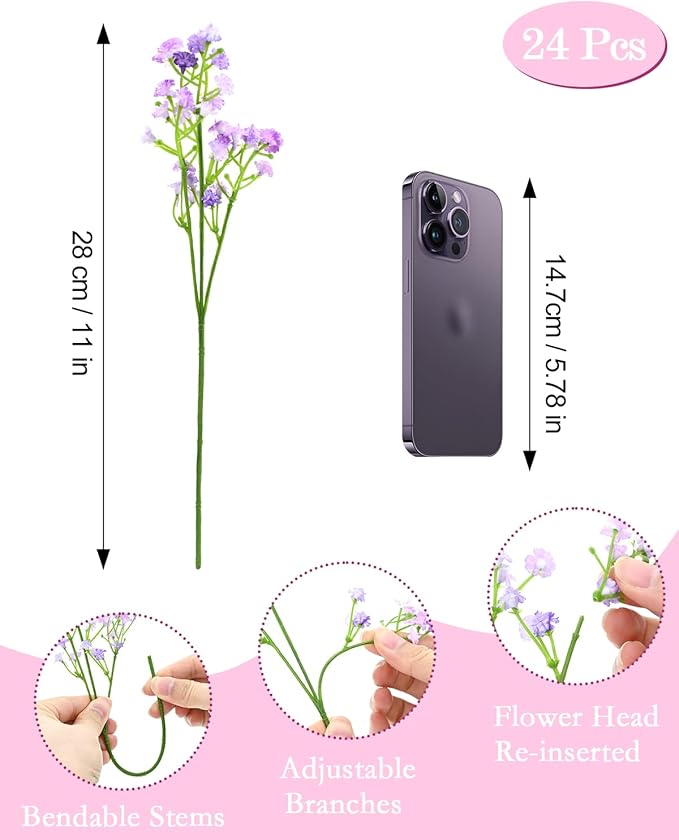 Babys Breath Artificial Flowers, 24Pcs Fake Baby Breath Flowers Artificial Bulk Faux Gypsophila Real Touch Flowers for Outdoors Wedding DIY Bouquet Arrangement Party Home Garden Decor, Purple