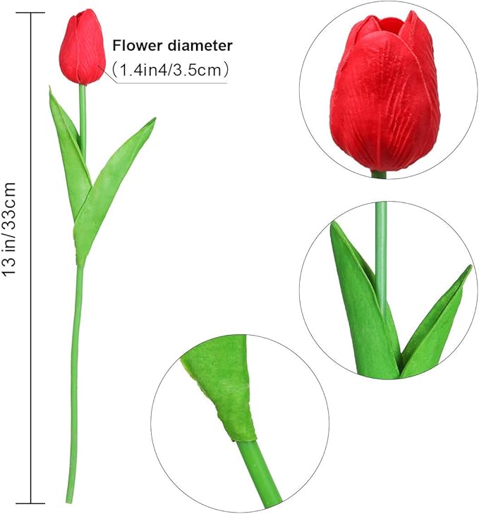 30 Pcs Fake Latex Tulips Artificial Flowers Faux Tulip Stems Real Touch Tulips for Wedding Party Home Decoration (Red)