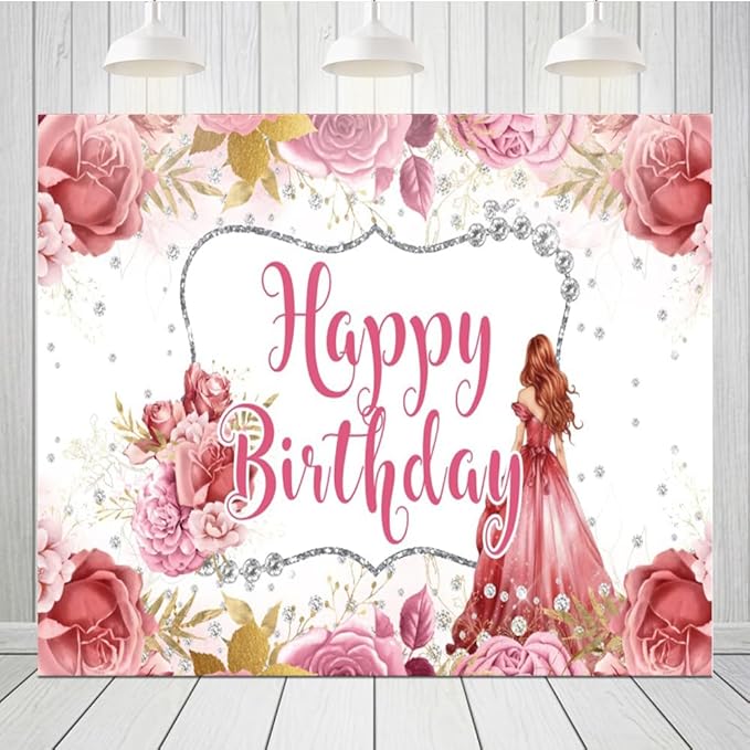 Princess Happy Birthday Backdrop 10x8ft Girls Watercolor Flower Floral Rose Diamond Decorations Photography Background Banner Photo Booth Studio