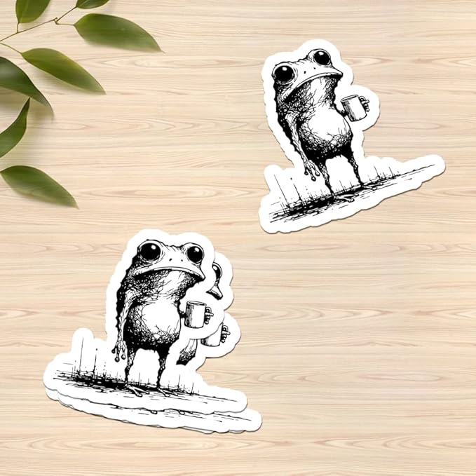 HANDICHI Design 5-Pack 2 Inch Funny Coffee Frog Stickers – Grunge Meme Vinyl Decals – Tired Frog Holding Coffee Cup Aesthetic Sticker Pack for Laptops, Water Bottles, Journals, and Scrapbooks