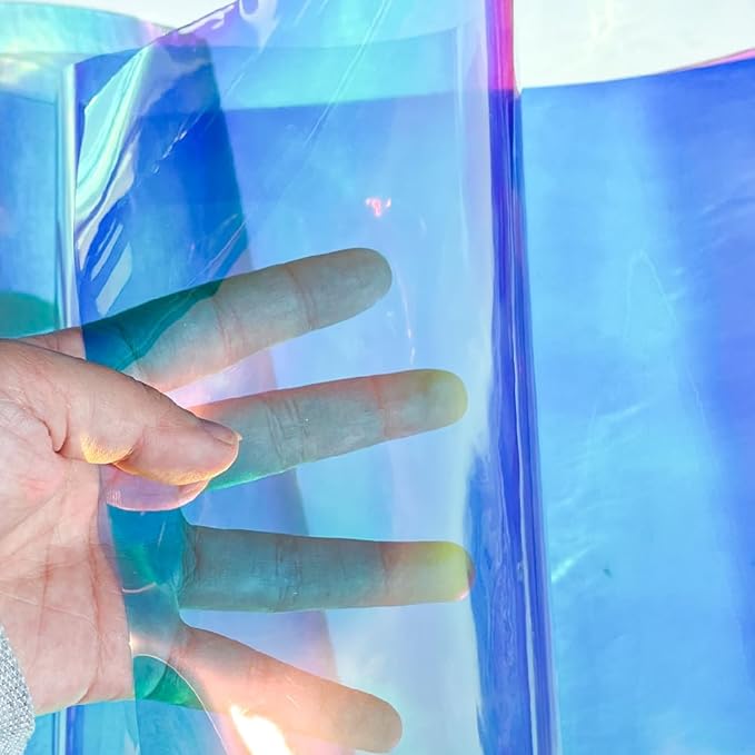 ONEART | 16 Gauge Holographic Iridescent Plastic Vinyl, 16"x54" Transparent Vinyl Fabric-Iridescent Blue