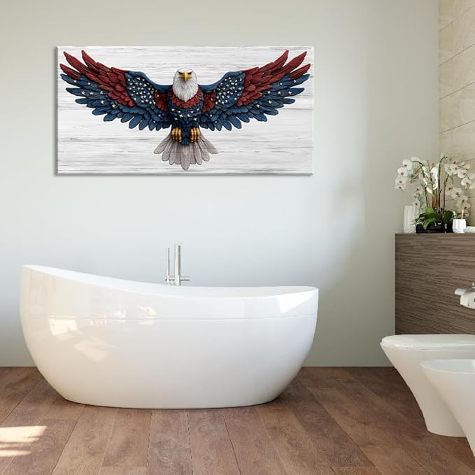 Bald Eagle Canvas Wall Art American Eagle Wall Décor -American Bald Red Blue Flag Canvas Wall Art Usa Independence Day Prints Painting Ready to Hang for Living Room, Bedroom, Office, Dorm '40L" x 20W"