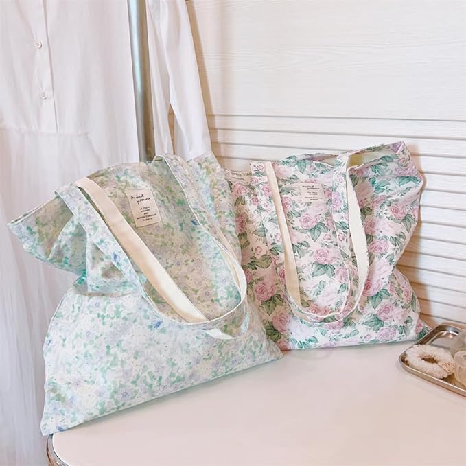 Cotton Canvas Tote Bag Reusable Soft Grocery Cloth Bag Floral Shoulder Bag for Beach Travel Shopping