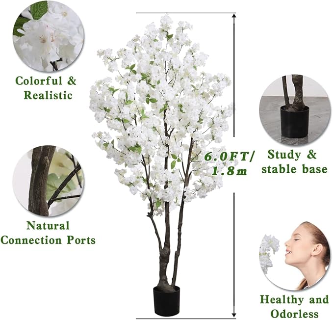 Faux Cherry Blossom Tree White Artificial Flower Tree Indoor Cherry Blossom Tree 6 FT for Room Decor