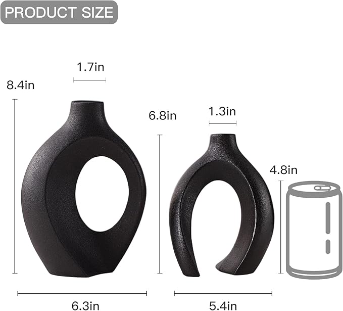 Black Vases Home Decor Set of 2, Ceramic Black Small Flower Vase, Minimalist Boho Decorative Modern Donut Vase for Farmhouse Living Dining Room Office Entryway Bookshelf Coffee Table Décor