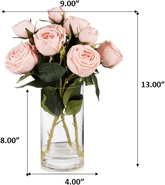 ENOVA FLORAL 9 Heads Silk Rose Artificial Flowers in Vase,Faux Rose Flowers Arrangement in Vase with Faux Water for Table Decor Centerpieces (Light Pink)